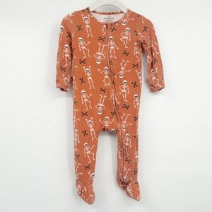 Caden Lane Kids Orange Skeleton Bamboo Spooky Halloween Footie Zip Romper 6-12M